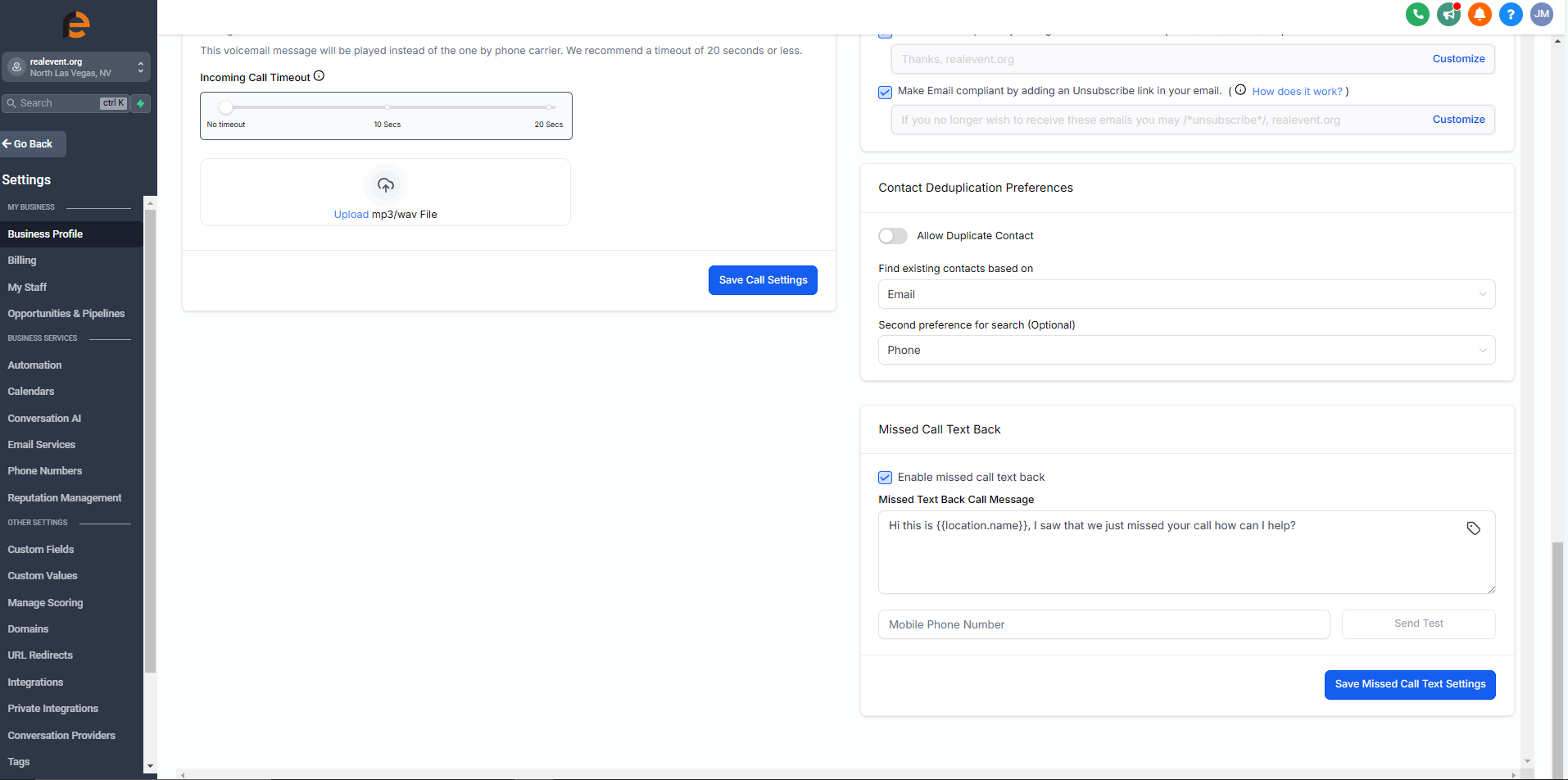 Realevent CRM Missed Call Text Back